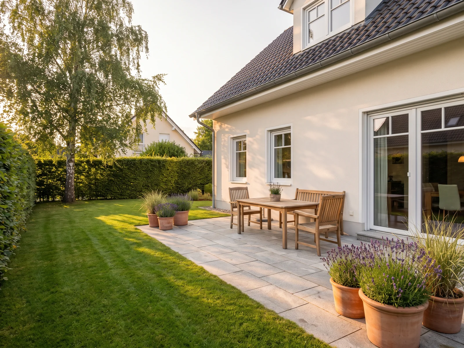 Terrasse mit Rasen und Hecke, illustratives Motiv